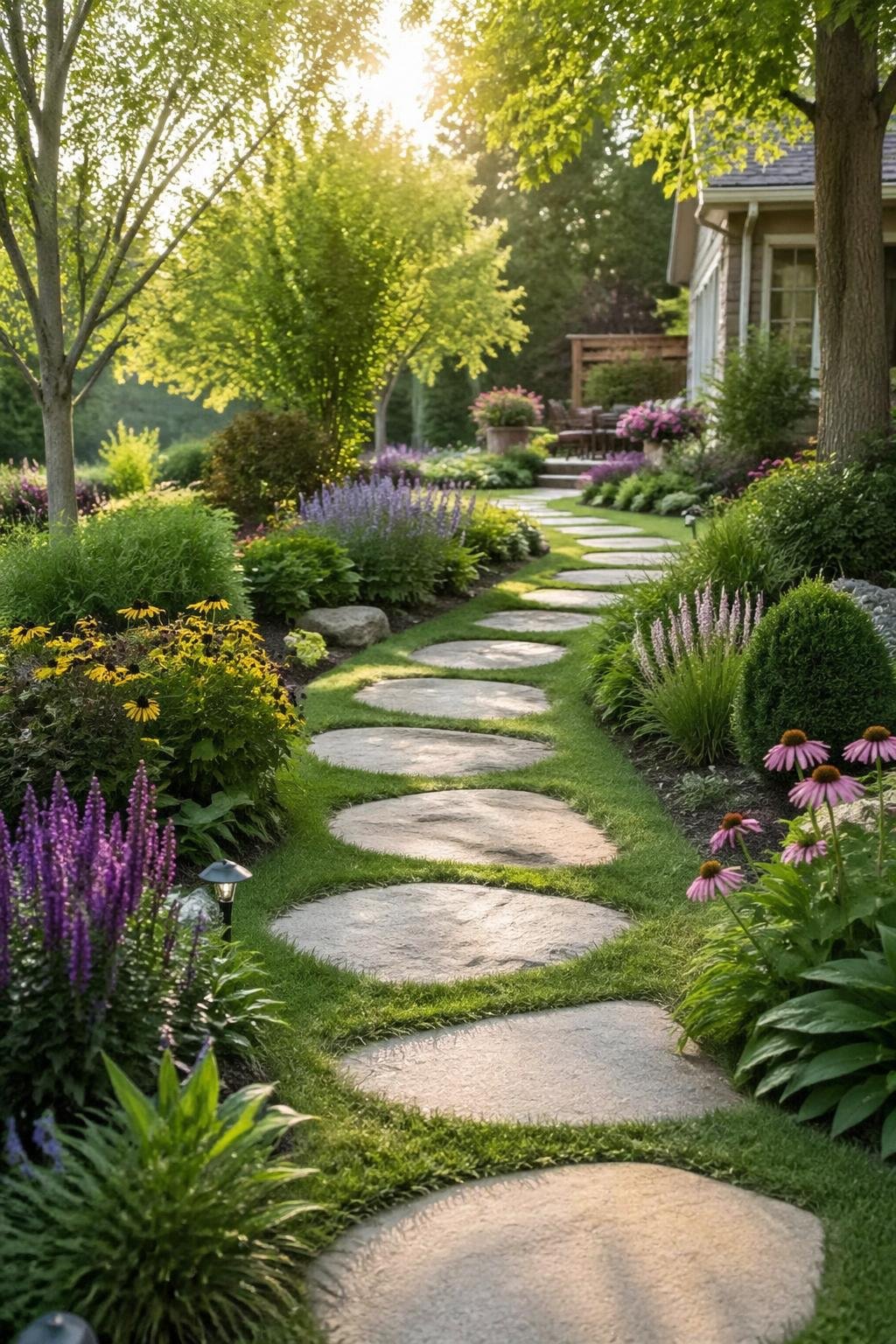 A backyard garden with a stone stepping path surrounded by grass and flowering plants.