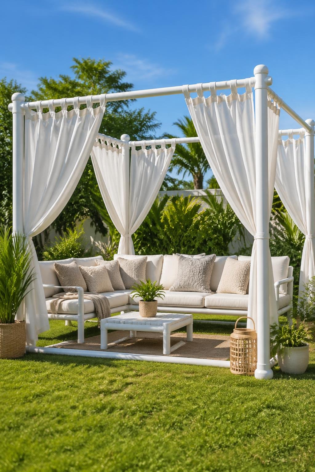 Backyard cabana lounge made from white PVC pipes with white fabric panels, comfortable cushions inside, surrounded by green plants on a grassy lawn.