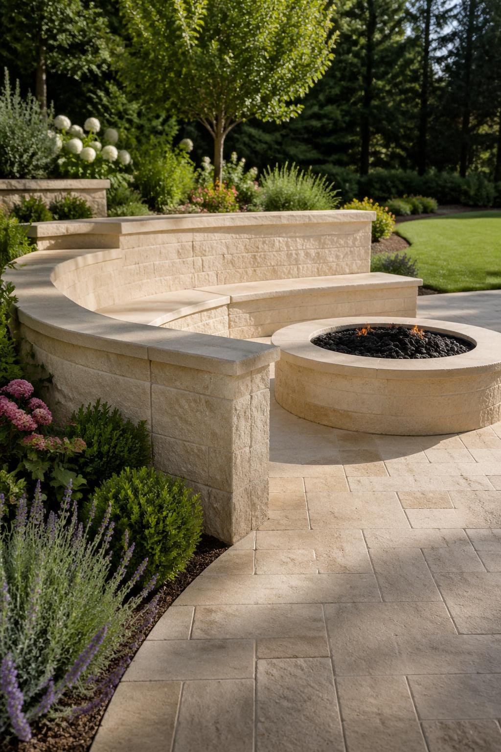 Backyard with built-in limestone bench seating surrounded by plants and a stone patio.