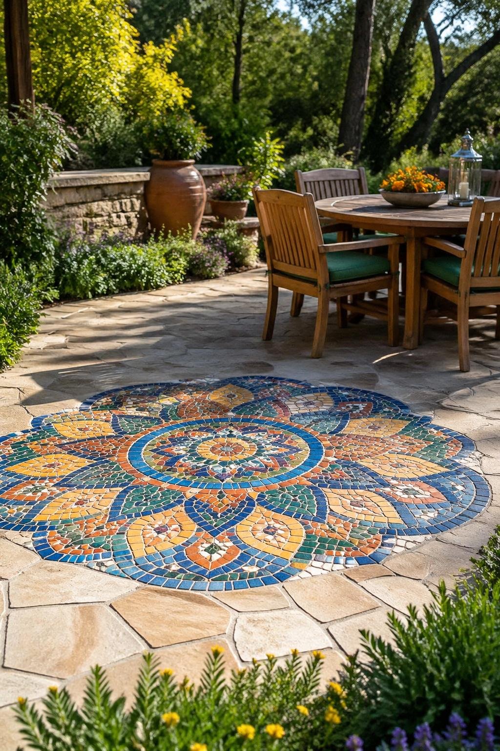 Backyard patio with a colorful mosaic tile pattern in the center surrounded by stone paving, plants, and outdoor furniture.