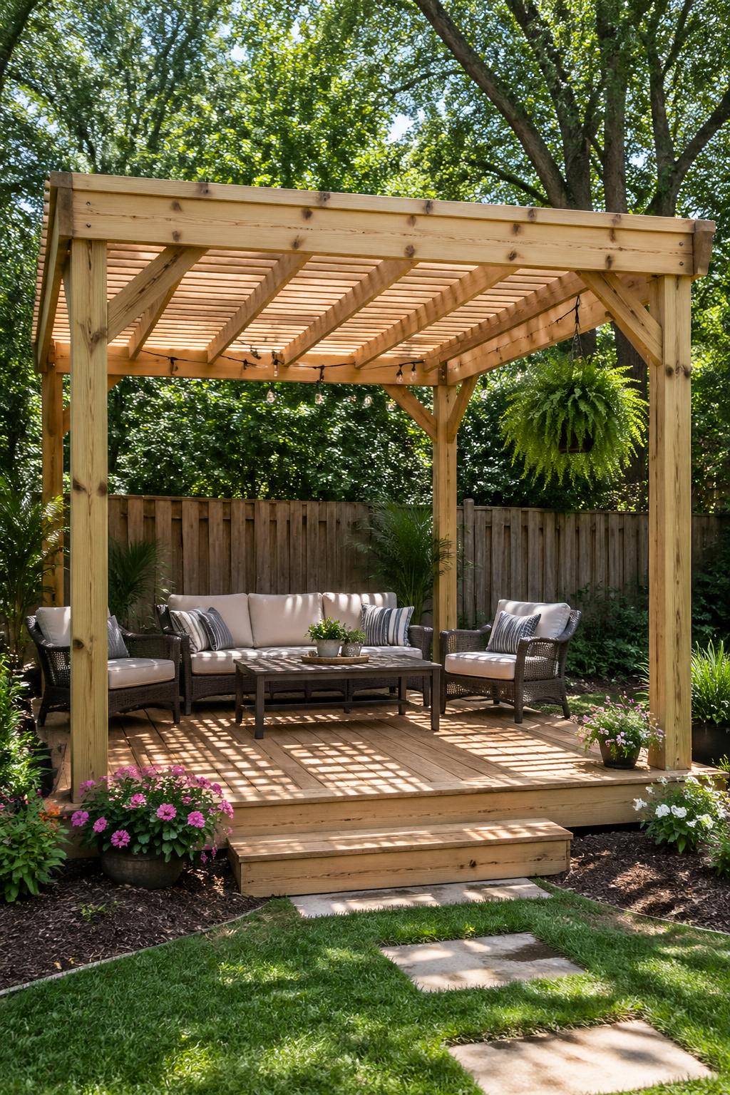 A backyard cabana with a wooden frame and slatted roof surrounded by grass, plants, and outdoor furniture.
