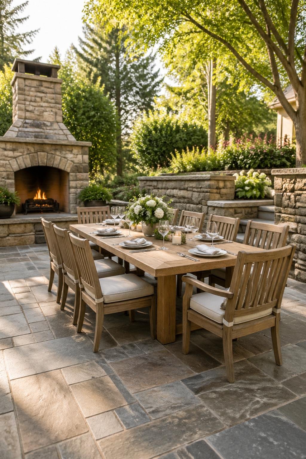 Outdoor stone dining terrace with a wooden table and chairs surrounded by greenery and garden plants.