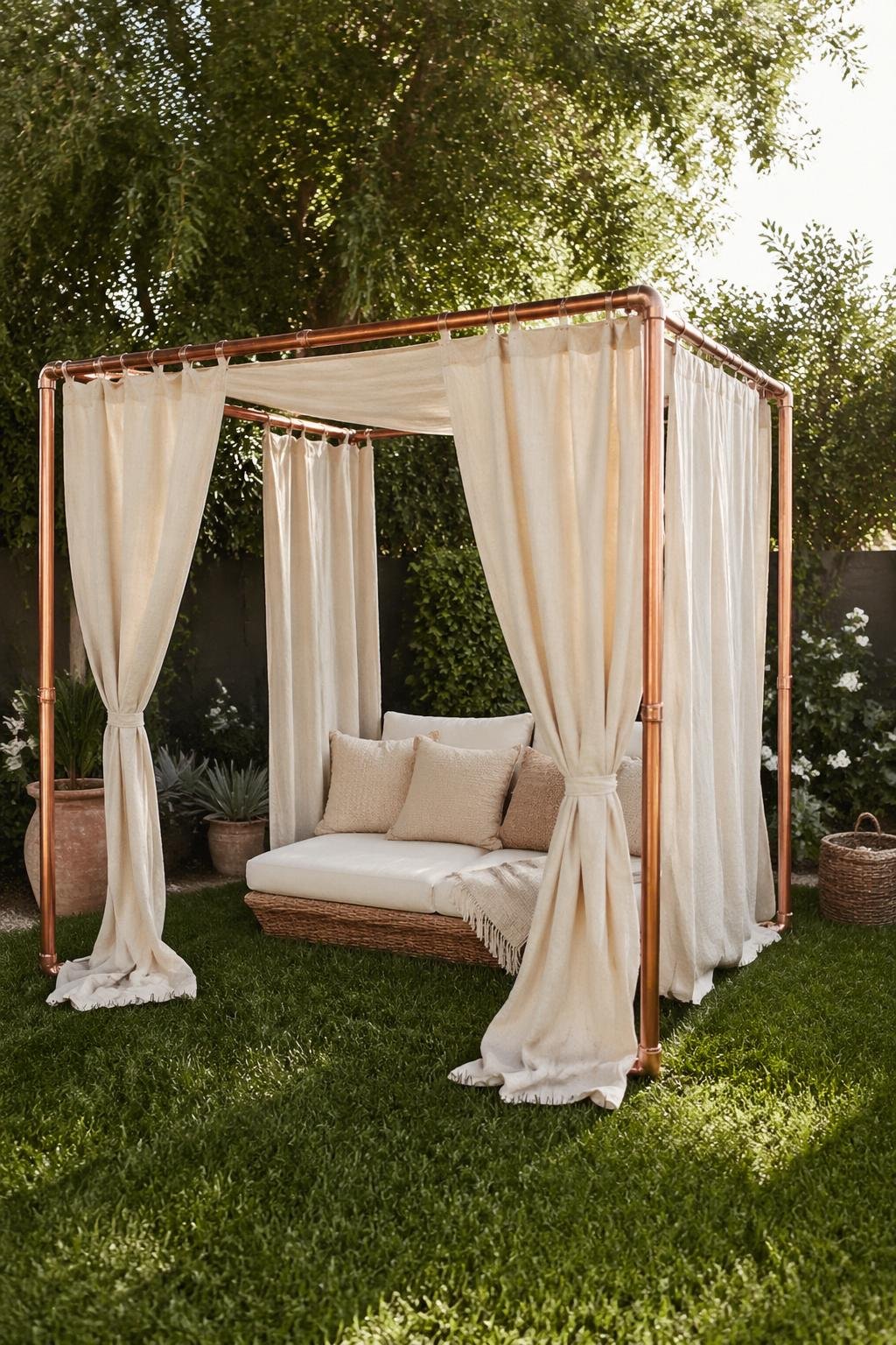 A small backyard cabana made with copper pipes and draped with light fabric curtains, surrounded by green grass and garden plants.