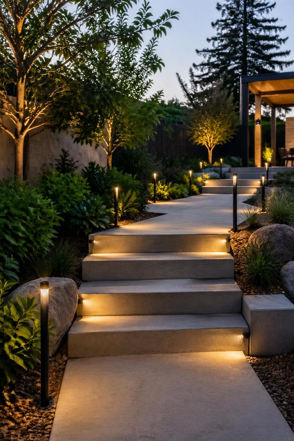 Concrete steps with soft path lighting surrounded by plants and a garden pathway in a backyard.