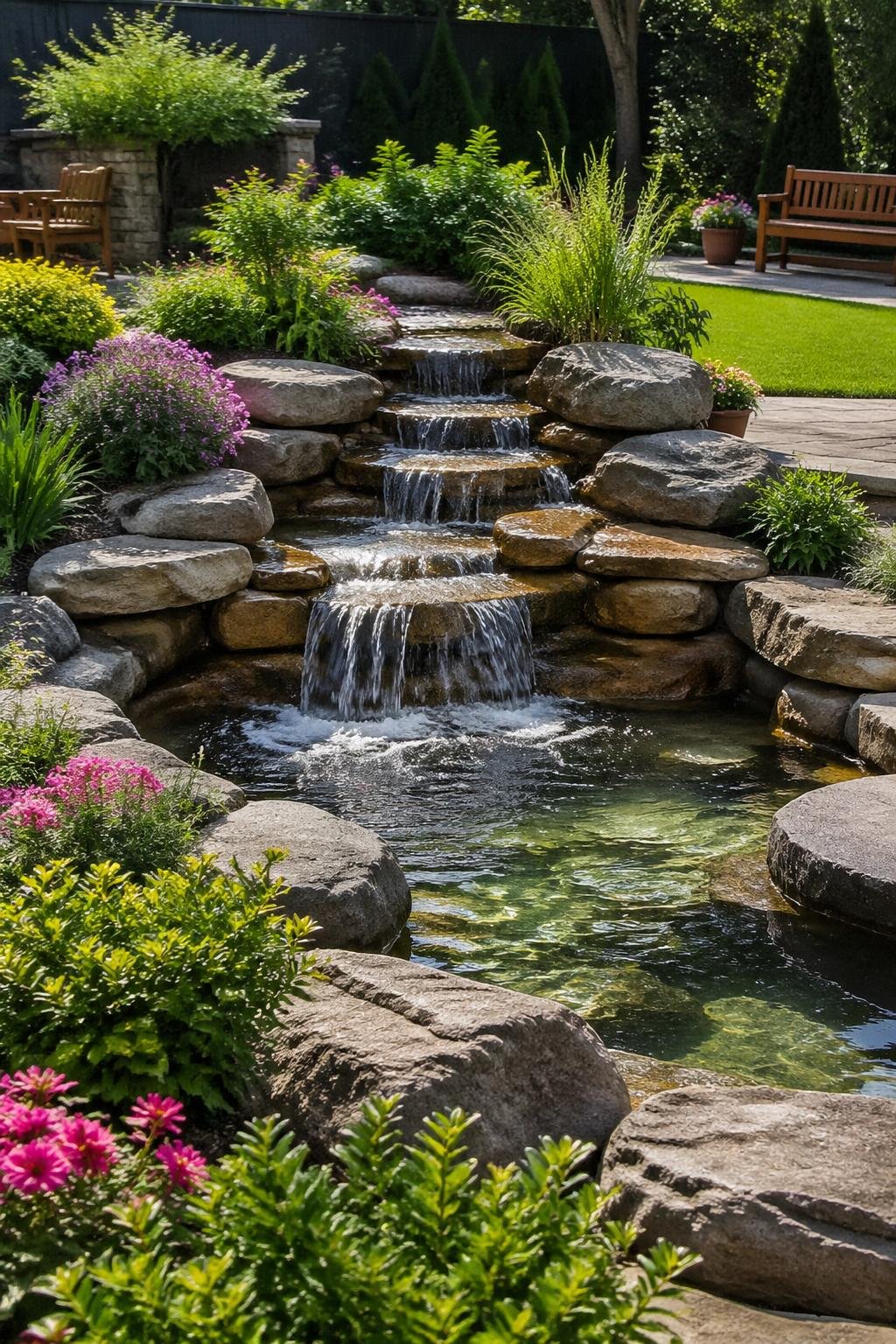 A backyard with a natural stone waterfall fountain flowing into a pond surrounded by plants and flowers.