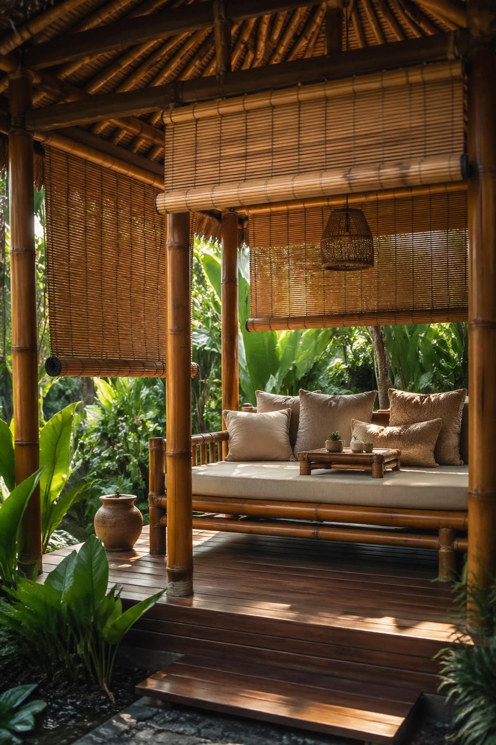 A backyard bamboo cabana lounge with roll-up reed screens, comfortable seating, and surrounding green plants.