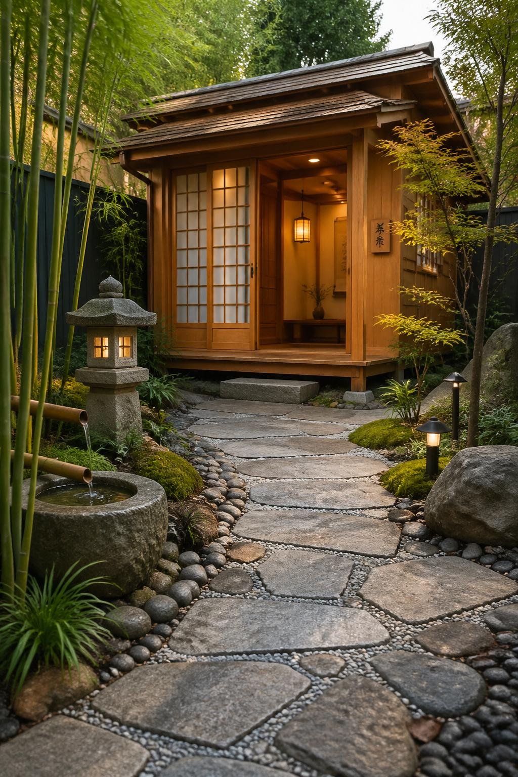 A backyard patio with a cedar wood tea room surrounded by stone paving, gravel paths, bamboo plants, and a stone lantern.