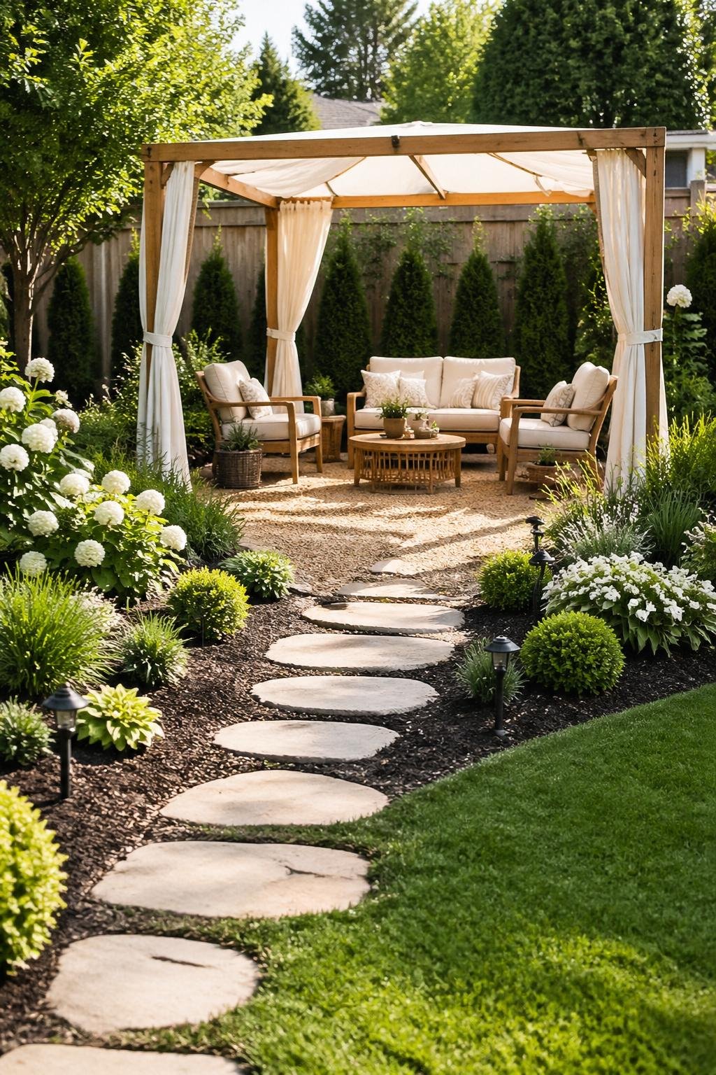A backyard with a pea gravel cabana pad and natural stone stepping pavers surrounded by green plants and outdoor furniture.