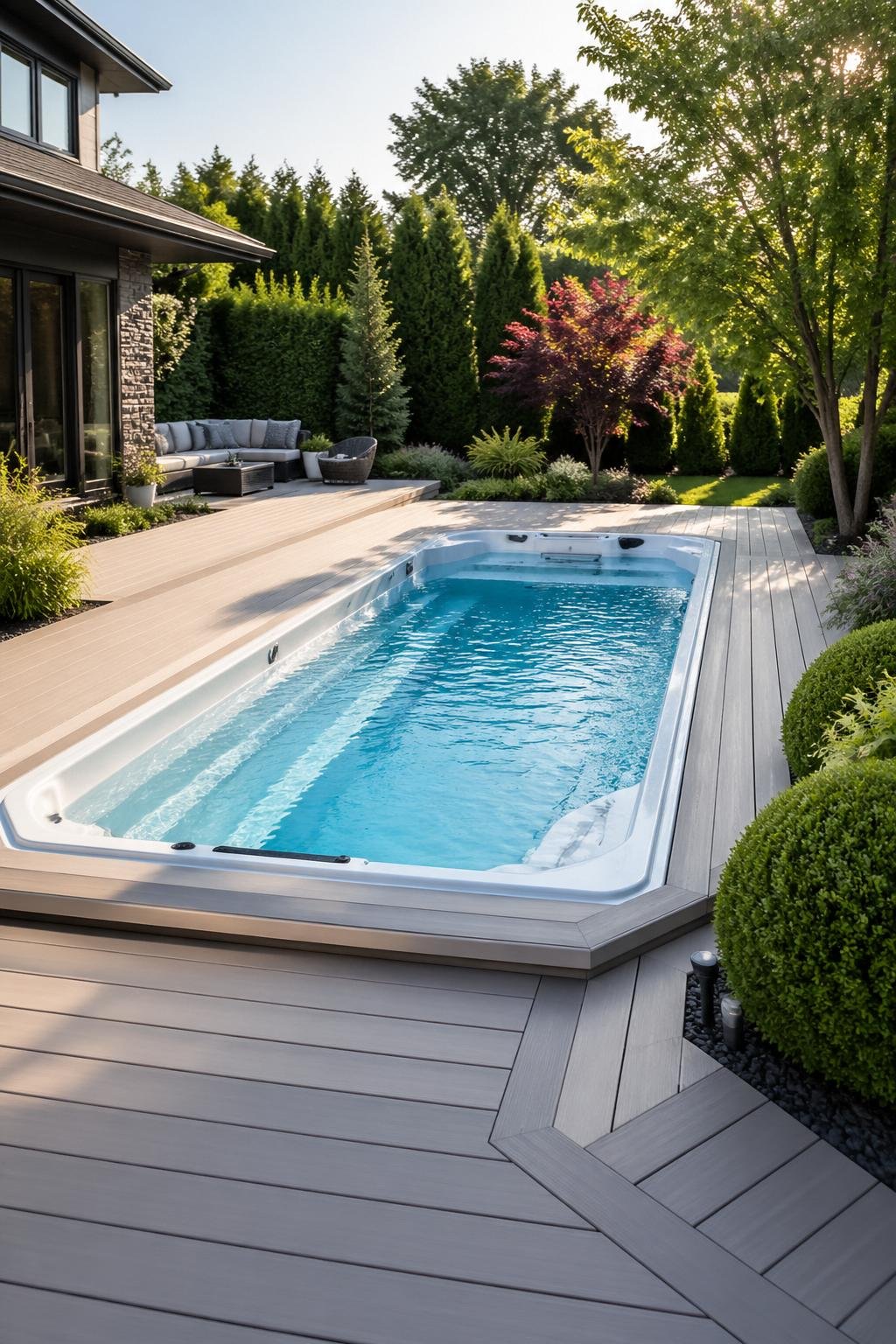 A backyard with a recessed swim spa surrounded by a composite wraparound deck and green plants.