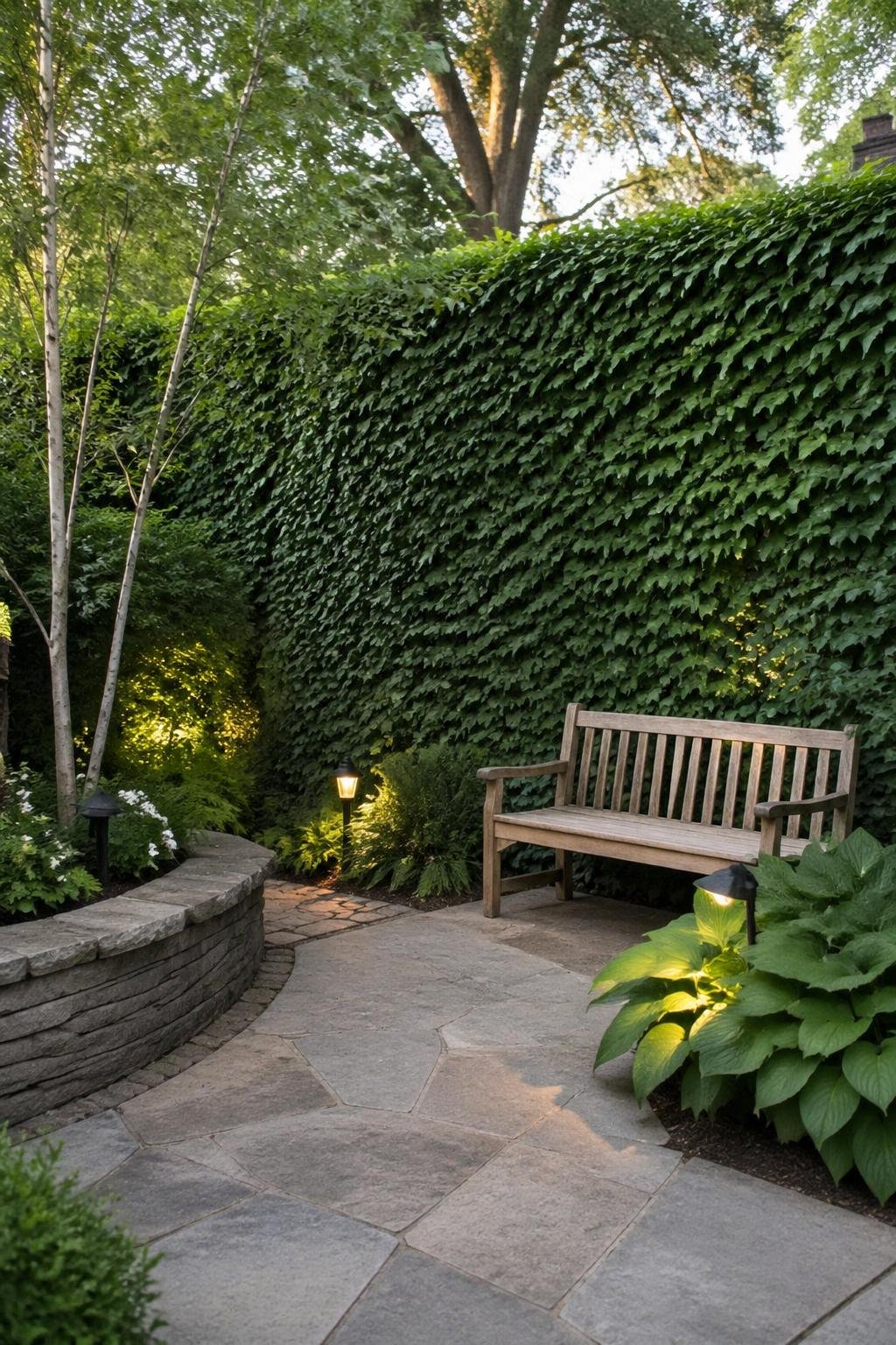 Backyard with a privacy wall covered in green ivy, stone paving, a wooden bench, and surrounding plants.