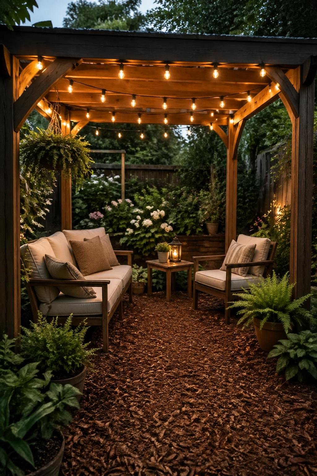 A backyard garden cabana with a mulch floor and solar string lights hanging above, surrounded by green plants.