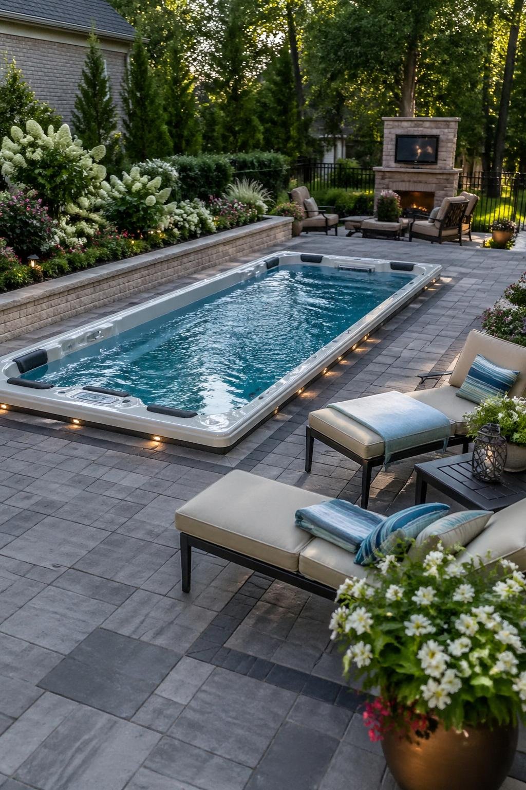 A backyard with a partially in-ground swim spa surrounded by stone pavers and greenery.