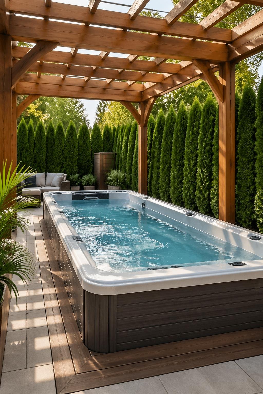 A swim spa in a backyard framed by a cedar pergola and surrounded by a tall evergreen hedge.