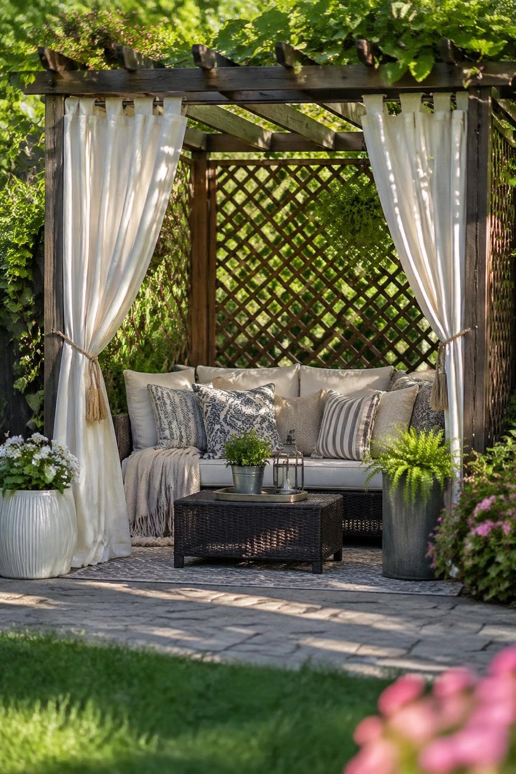 A backyard cabana nook with a lattice panel and outdoor curtains tied back, surrounded by green plants.