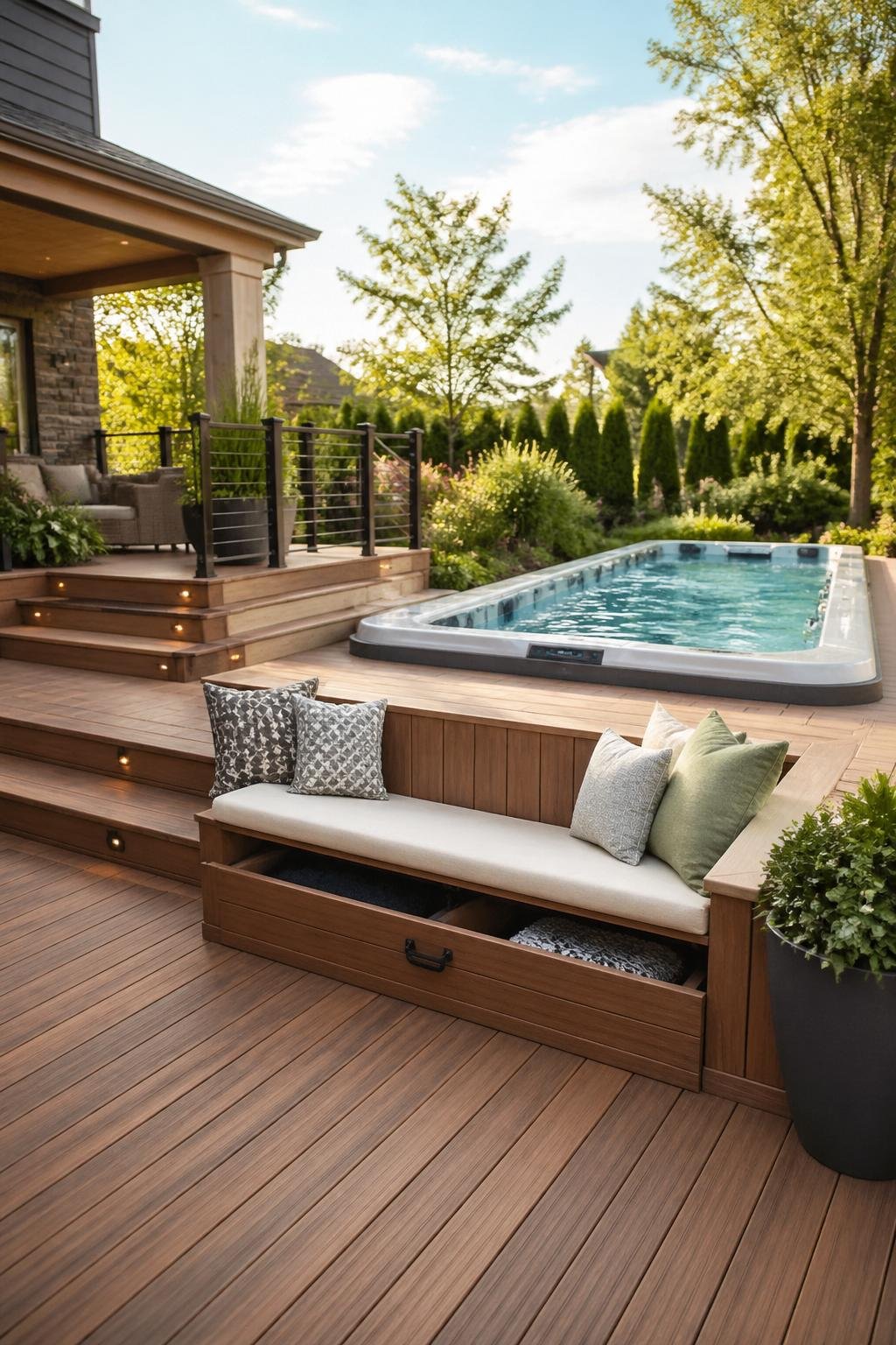 Backyard with a multi-level wooden deck featuring a built-in bench and a modern swim spa surrounded by plants.
