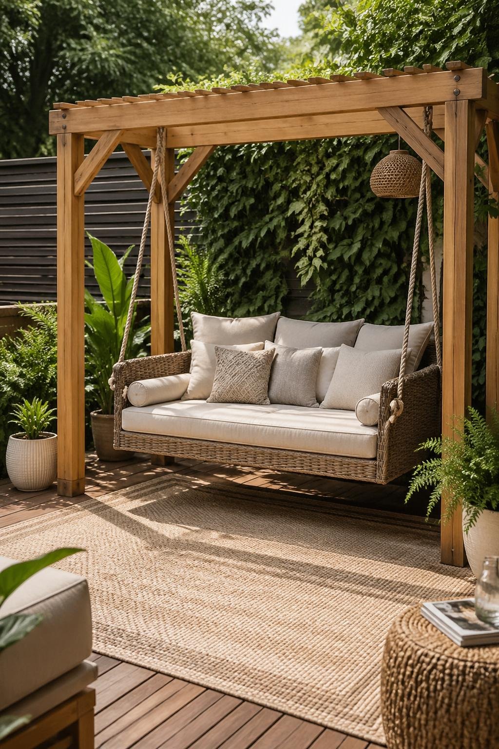 A backyard cabana corner with a swing chair hanging from a wooden frame, placed on a neutral outdoor rug surrounded by plants.