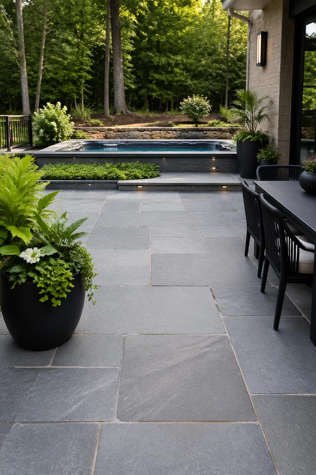 Backyard patio with large stone slabs, black planters with green plants, and a swim spa in the background.