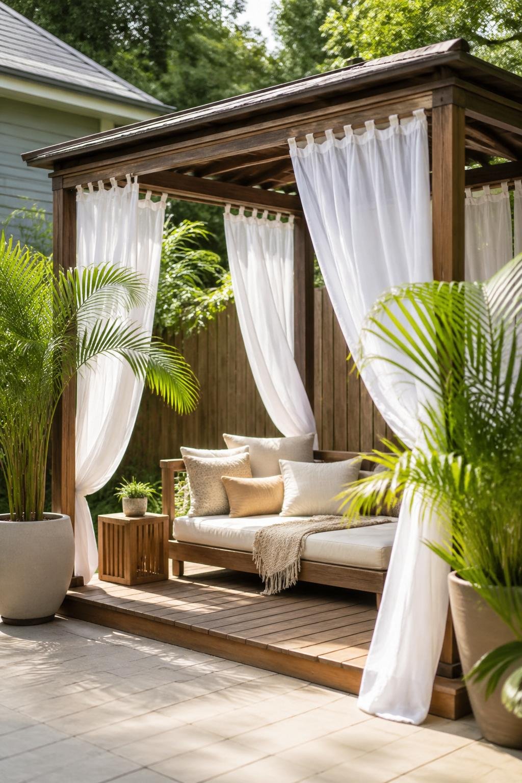 Small open-air cabana with white curtains and potted palm plants in a backyard.