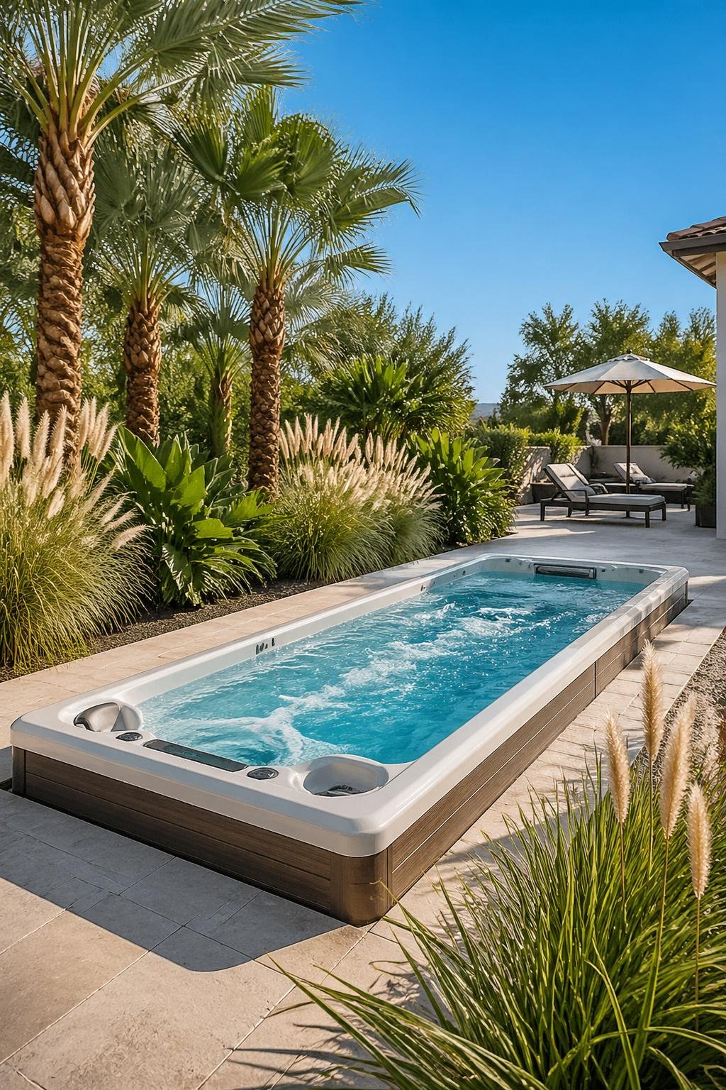 A backyard with a modern swim spa surrounded by windmill palms and fountain grass under clear blue skies.