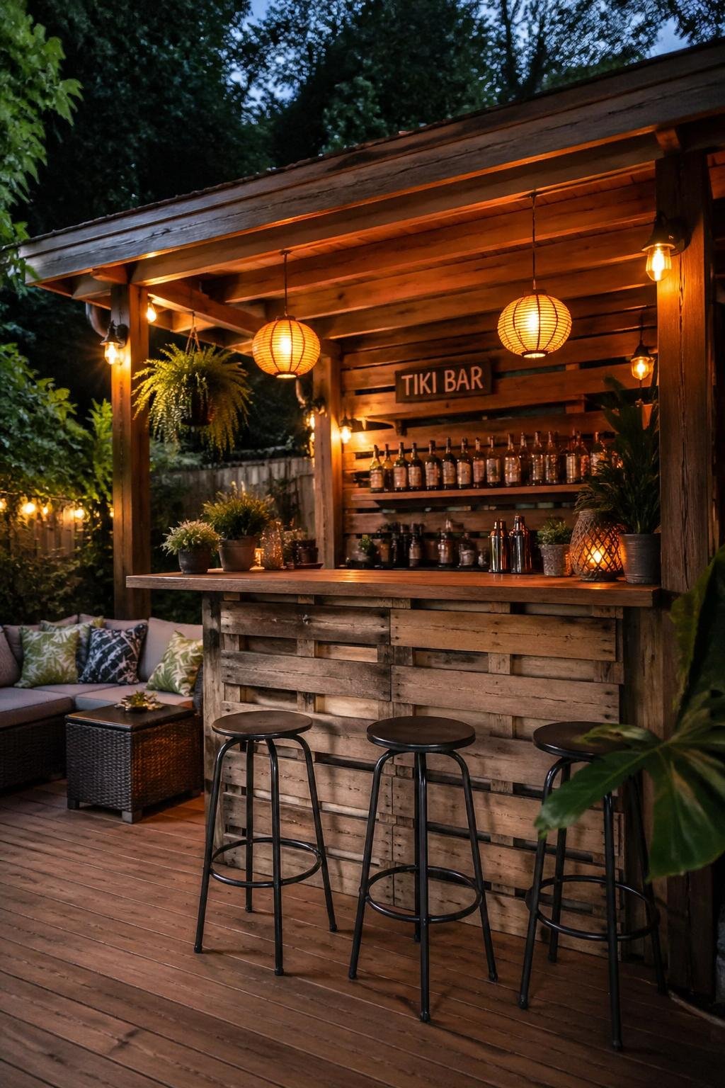 A backyard cabana bar with a pallet wood counter and hanging lanterns surrounded by greenery.