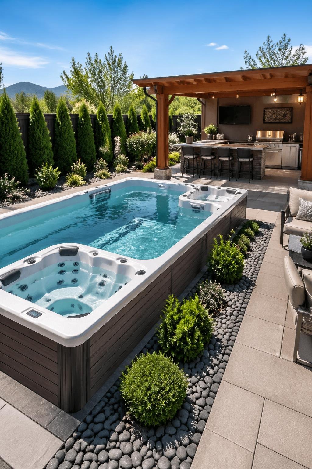 Backyard with a dual-zone swim spa next to a covered outdoor kitchen under a wooden pergola surrounded by plants and patio furniture.