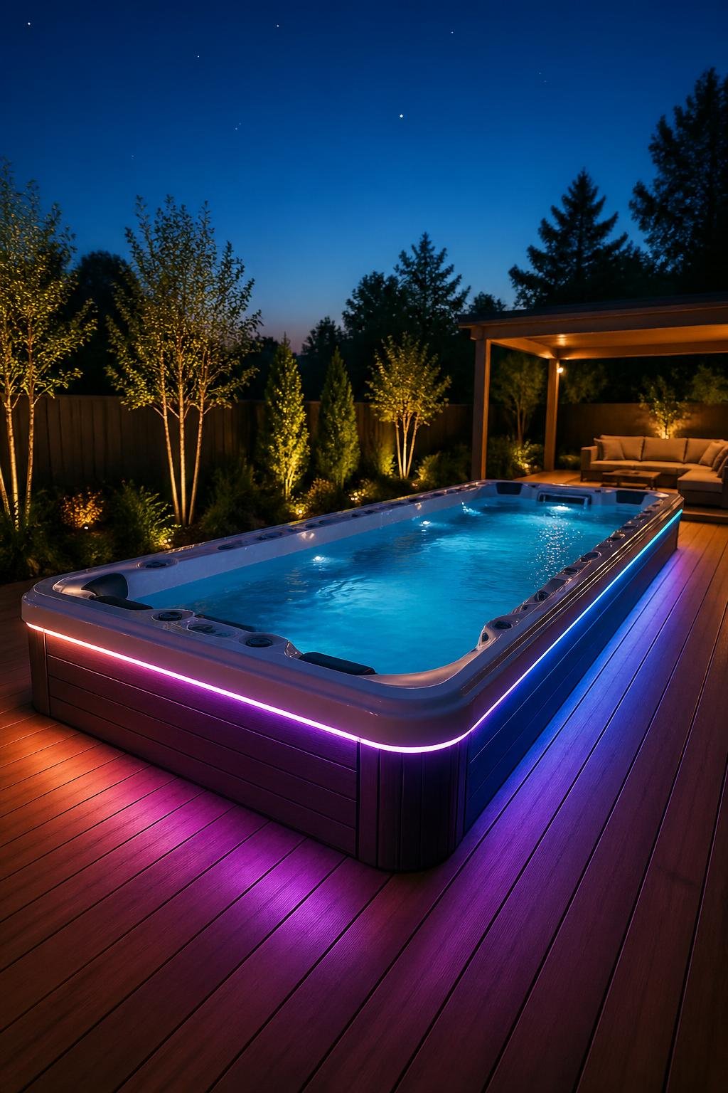 An illuminated swim spa in a backyard at twilight with colorful outdoor LED lightstrips and surrounding greenery.