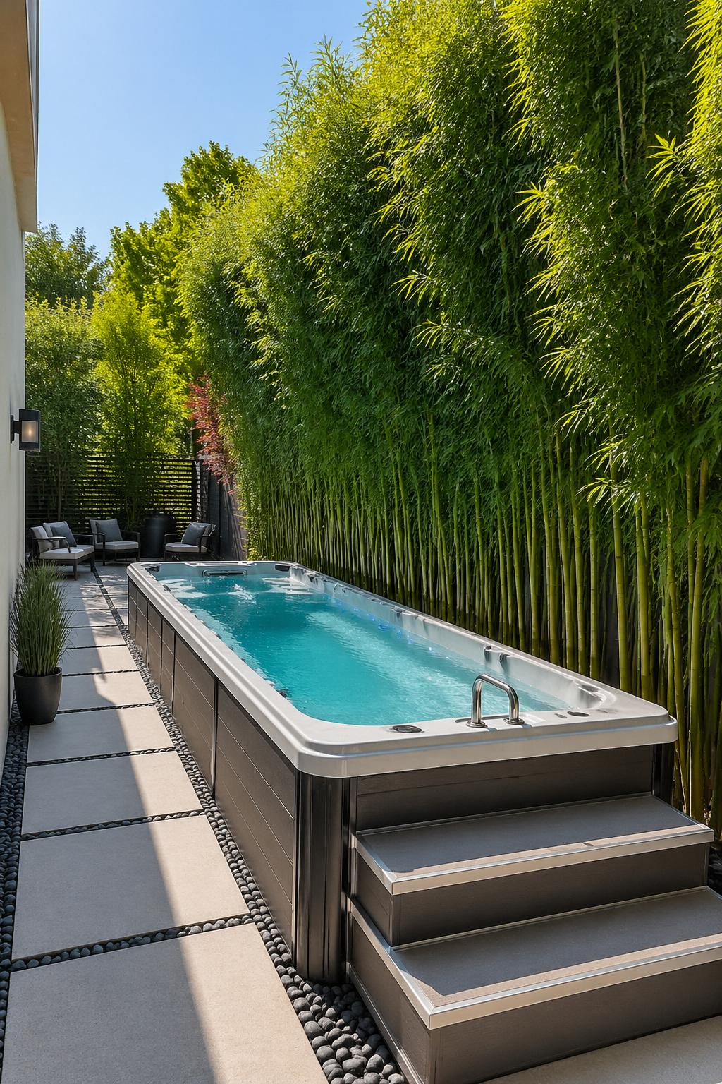 A private side yard with a modern swim spa surrounded by tall green bamboo plants and stone paving.