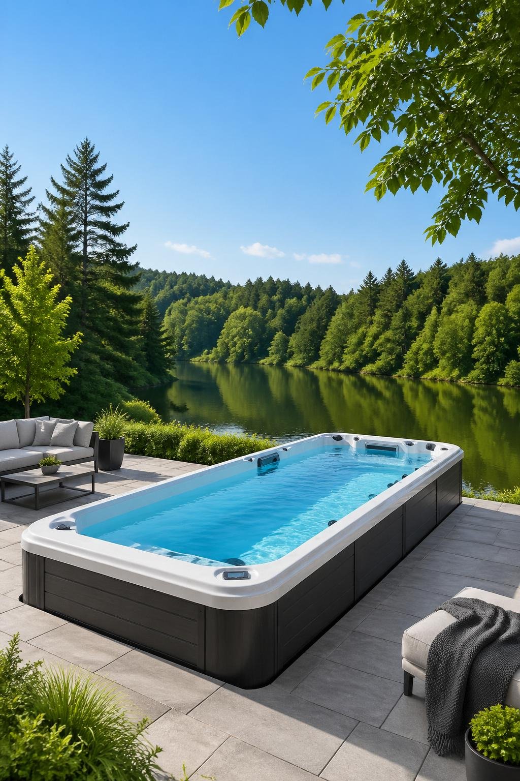 A modern swim spa in a backyard overlooking a calm lake or a dense tree line.