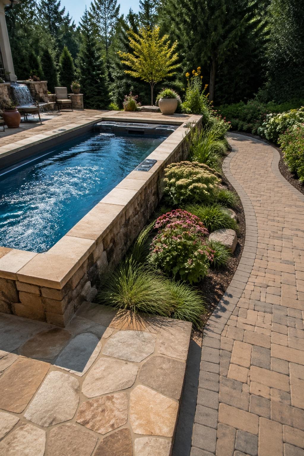 Backyard with a natural stone swim spa on a terrace next to a Belgard stone pathway surrounded by green plants and flowers.