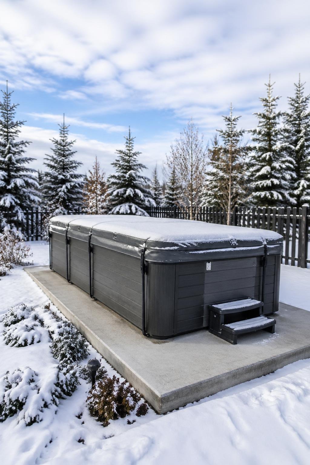 A swim spa on a concrete pad outdoors with a snow-capable cover and snow on the ground around it.