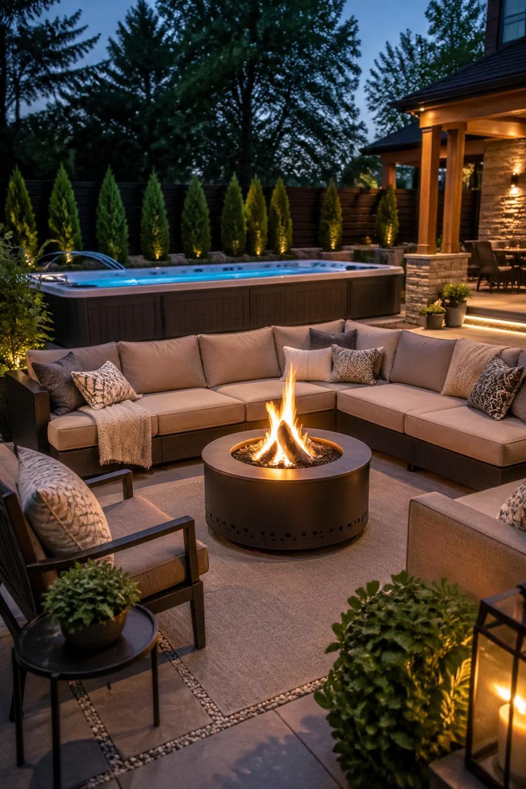 Backyard scene with a smokeless fire pit surrounded by a large sectional sofa and a swim spa in the background.