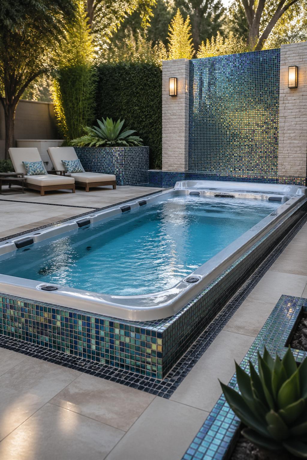 Backyard with a modern swim spa surrounded by colorful glass mosaic tiles and lush greenery.