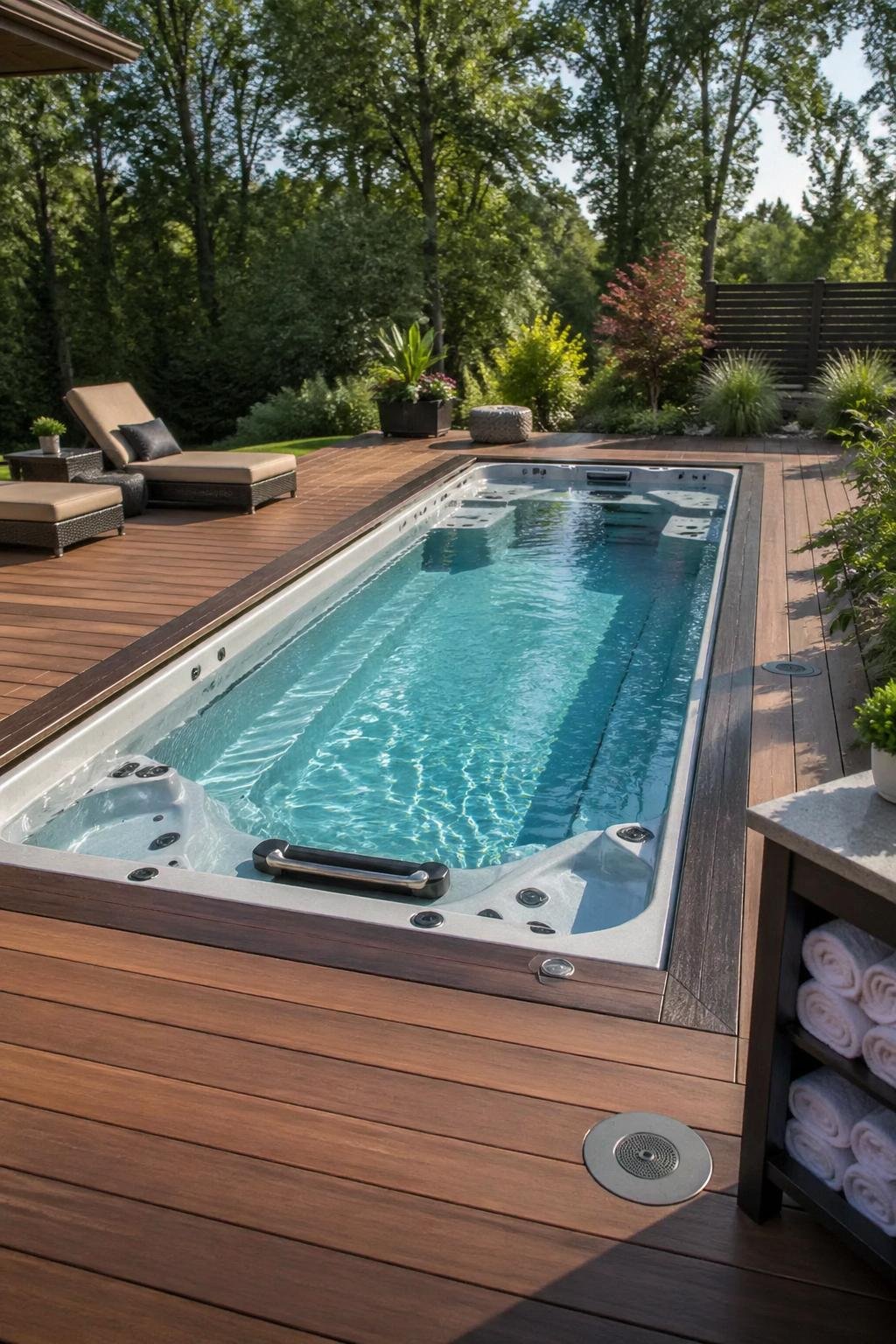 Backyard swim spa with wooden deck, inground speakers, and a towel station surrounded by plants.
