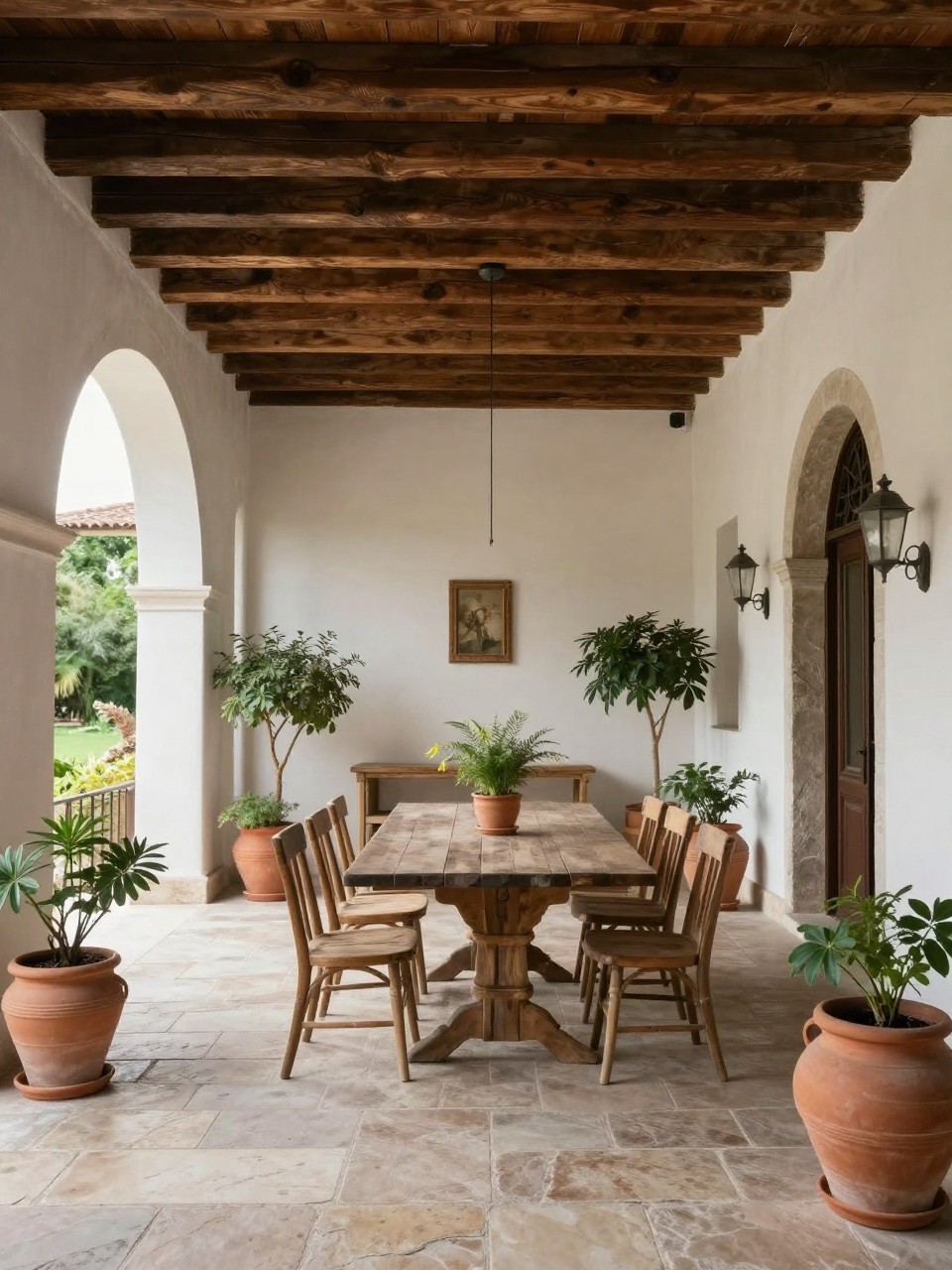 Image Prompt: A beautiful Italian veranda patio with arched openings, stone floor, exposed wooden ceiling beams, rustic dining table, clay pots with greenery, soft light, elegant old-world outdoor living space, no people, realistic DSLR image, no text, no watermarks on images.