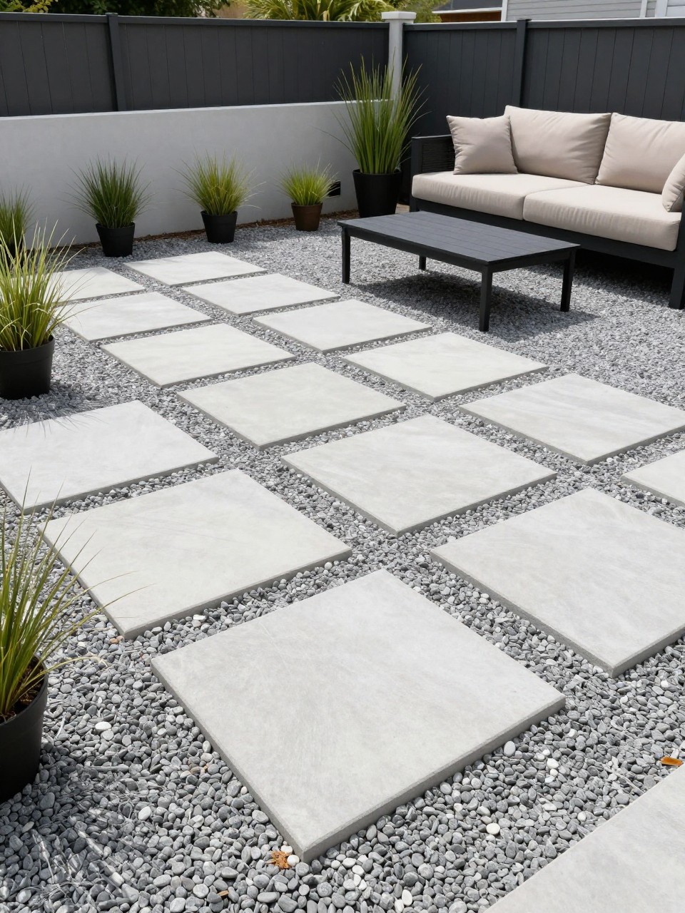 Image Prompt: A beautiful pea gravel patio with large square concrete stepping pavers set evenly into the gravel, modern outdoor sofa with beige cushions, black coffee table, potted grasses, clean backyard fence, stylish modern garden layout, bright natural daylight, no people, realistic DSLR image, no text, no watermarks on images.