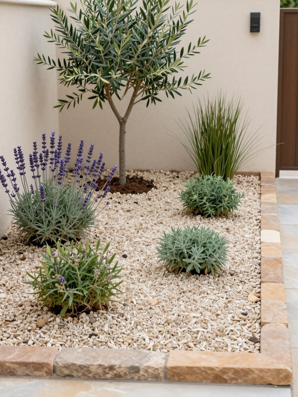 Image Prompt: A tiny front garden with pale gravel ground cover, drought-friendly plants, lavender, sedum, small olive tree, ornamental grasses, warm stone edging, modern low-maintenance curb appeal design, realistic DSLR photo quality, no people, no watermarks on images.