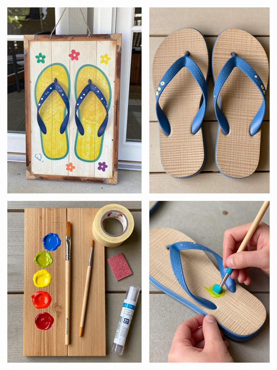 A realistic editorial 2x2 collage grid showing a rustic flip-flop wooden summer sign, top-left finished wood sign with painted colorful flip-flops, small flower accents, and distressed wood edges displayed near a patio door, top-right close-up of flip-flop straps, painted patterns, and sanded wood texture, bottom-left flat lay of wood board, bright paints, fine brushes, pencil, sandpaper, painter’s tape, and clear sealer, bottom-right cropped hands painting a flip-flop strap on wood, playful summer patio craft styling, no faces, no text, no watermark on images.