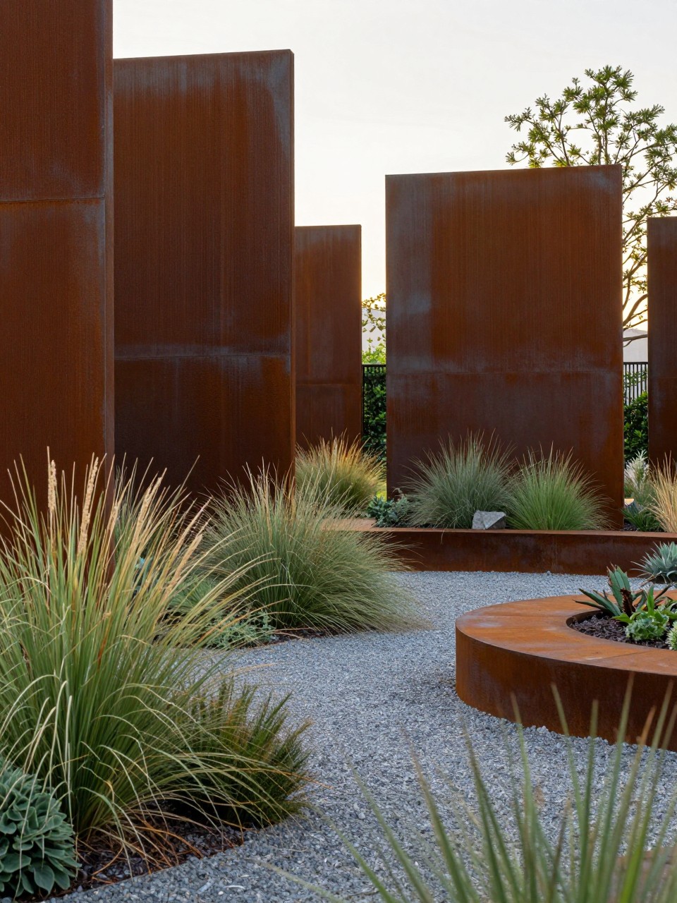 Image Prompt: A high-end contemporary garden with tall corten steel privacy screens, warm rust-colored metal, ornamental grasses, gravel paths, sculptural planting, modern outdoor seating, premium landscape architecture style, soft golden light, realistic DSLR photo quality, no people, no watermarks on images.