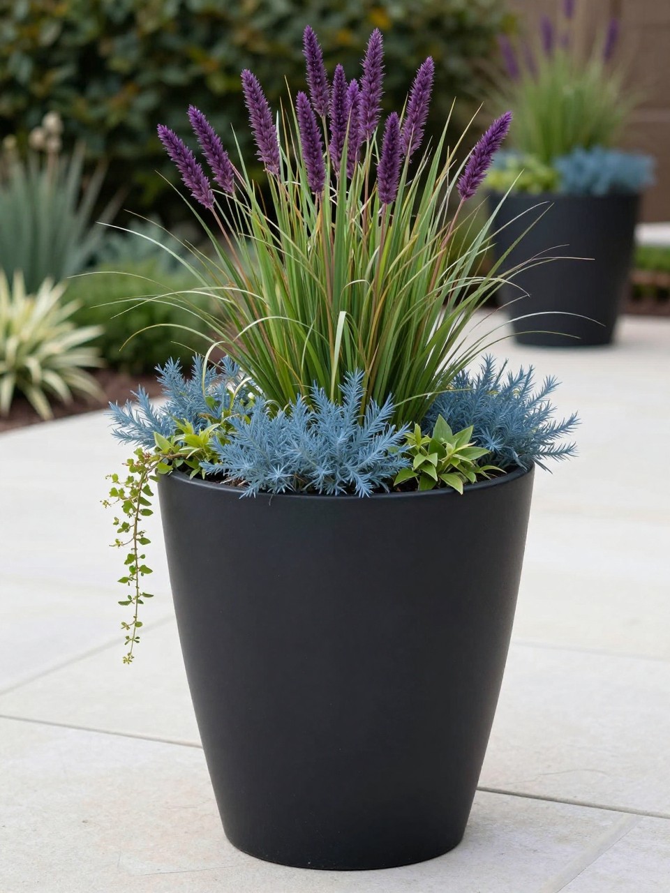 Image Prompt: A sleek full sun garden planter in a tall matte black container, filled with ornamental grasses, purple fountain grass, blue fescue, and small trailing plants, modern patio setting, pale stone paving, clean premium landscape design, realistic DSLR photo quality, no people, no watermarks on images.