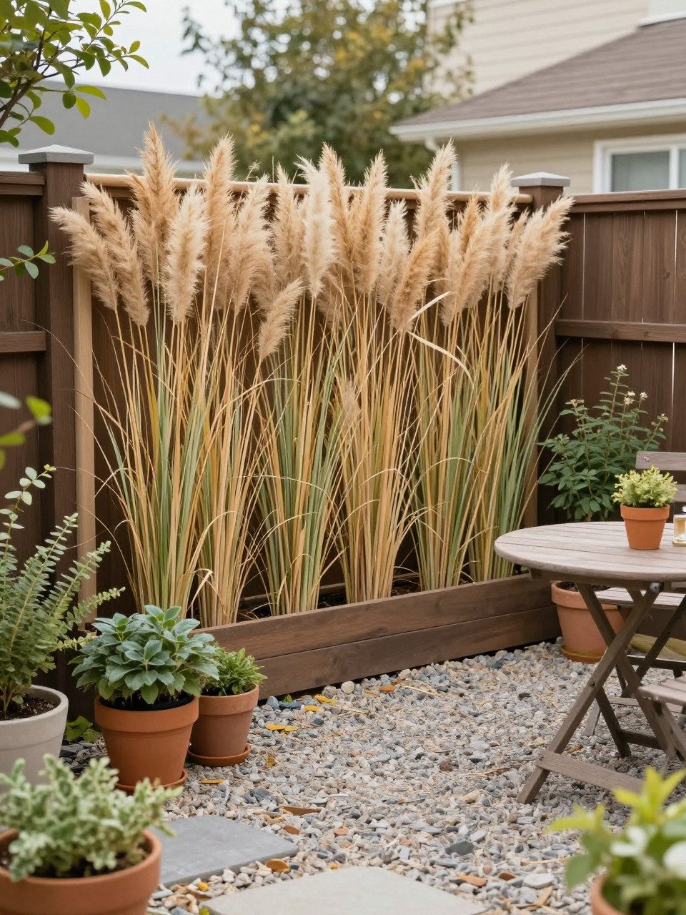 Image Prompt: A cozy small garden with reed screening attached to an existing fence, potted plants, gravel flooring, small outdoor bistro set, warm natural textures, simple stylish backyard upgrade, realistic DSLR photo quality, no people, no watermarks on images.