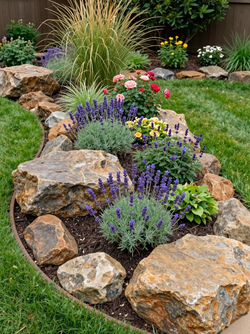 Image Prompt: A beautiful home garden flower bed edged with large natural boulders, layered planting with lavender, salvia, roses, ornamental grasses, soft mulch, neat lawn beside it, premium natural landscape design, warm daylight, realistic DSLR photo quality, no people, no watermarks on images.
