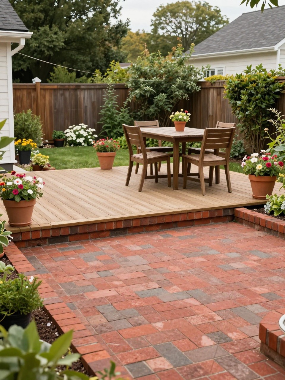 Image Prompt: A lovely backyard with a low wooden deck connected to a red brick patio, brick border detail, simple outdoor dining set, potted flowers, garden beds, warm cottage-style backyard design, no people, realistic DSLR photo, no text, no watermarks on images.