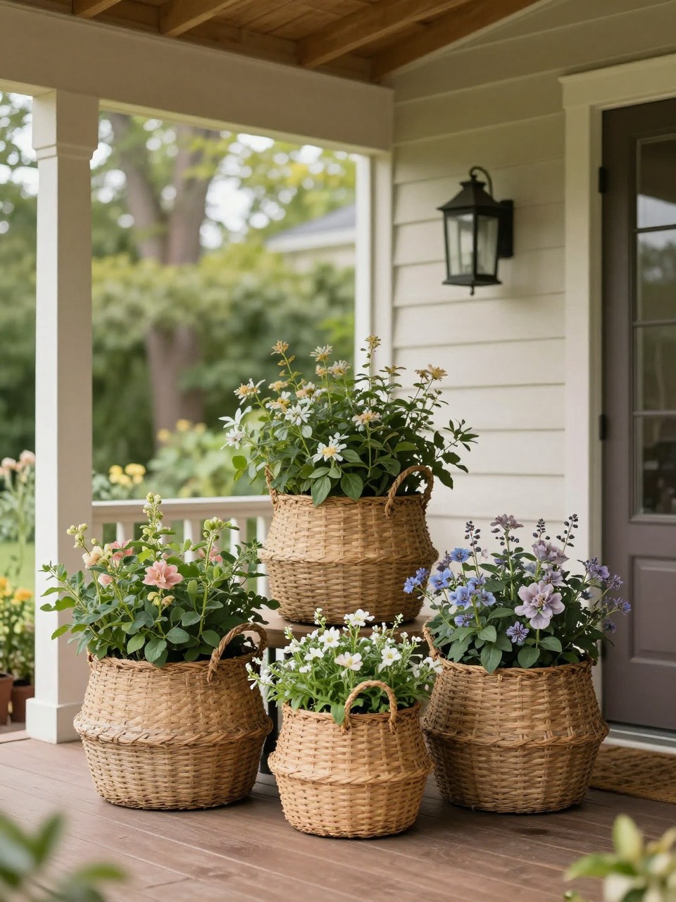 Image Prompt: A cozy covered porch with woven basket-style garden pots filled with leafy plants and soft seasonal blooms, natural wood tones, relaxed premium styling, warm and inviting home garden decor, realistic DSLR photo quality, no people, no watermarks on images.