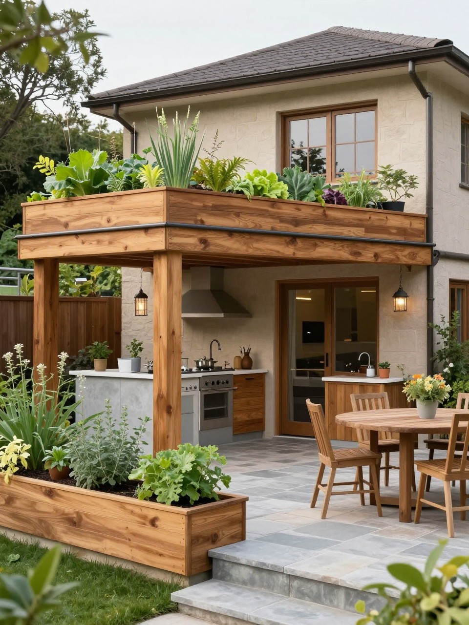 Image Prompt: A practical and beautiful two level home garden with an upper vegetable garden in raised beds, lower outdoor kitchen and dining patio, stone steps, herb planters, warm wood details, stylish edible garden design, realistic DSLR photo quality, no people, no watermarks on images.