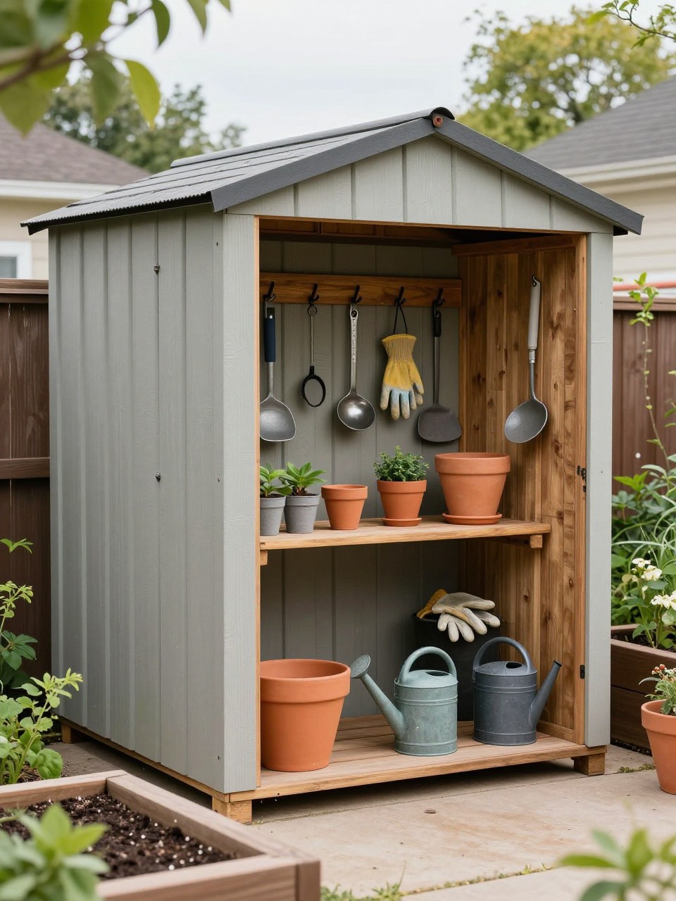Image Prompt: A tidy backyard storage shed with an outdoor tool wall on one side, garden tools neatly hung on hooks, wooden shelves, clay pots, gloves, watering cans, raised beds nearby, practical and beautiful gardener’s storage area, realistic DSLR photo quality, no people, no watermarks on images.