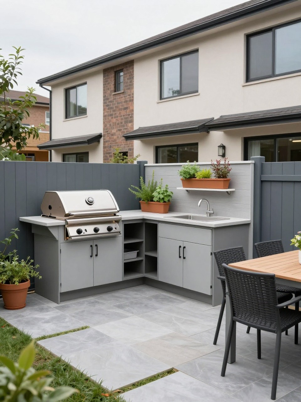 Image Prompt: A compact townhome backyard with a small outdoor kitchen wall, built-in grill, slim counter, herb planters, stone patio, modern fence, outdoor dining table nearby, stylish small-space entertaining design, realistic DSLR photo quality, no people, no watermarks on images.