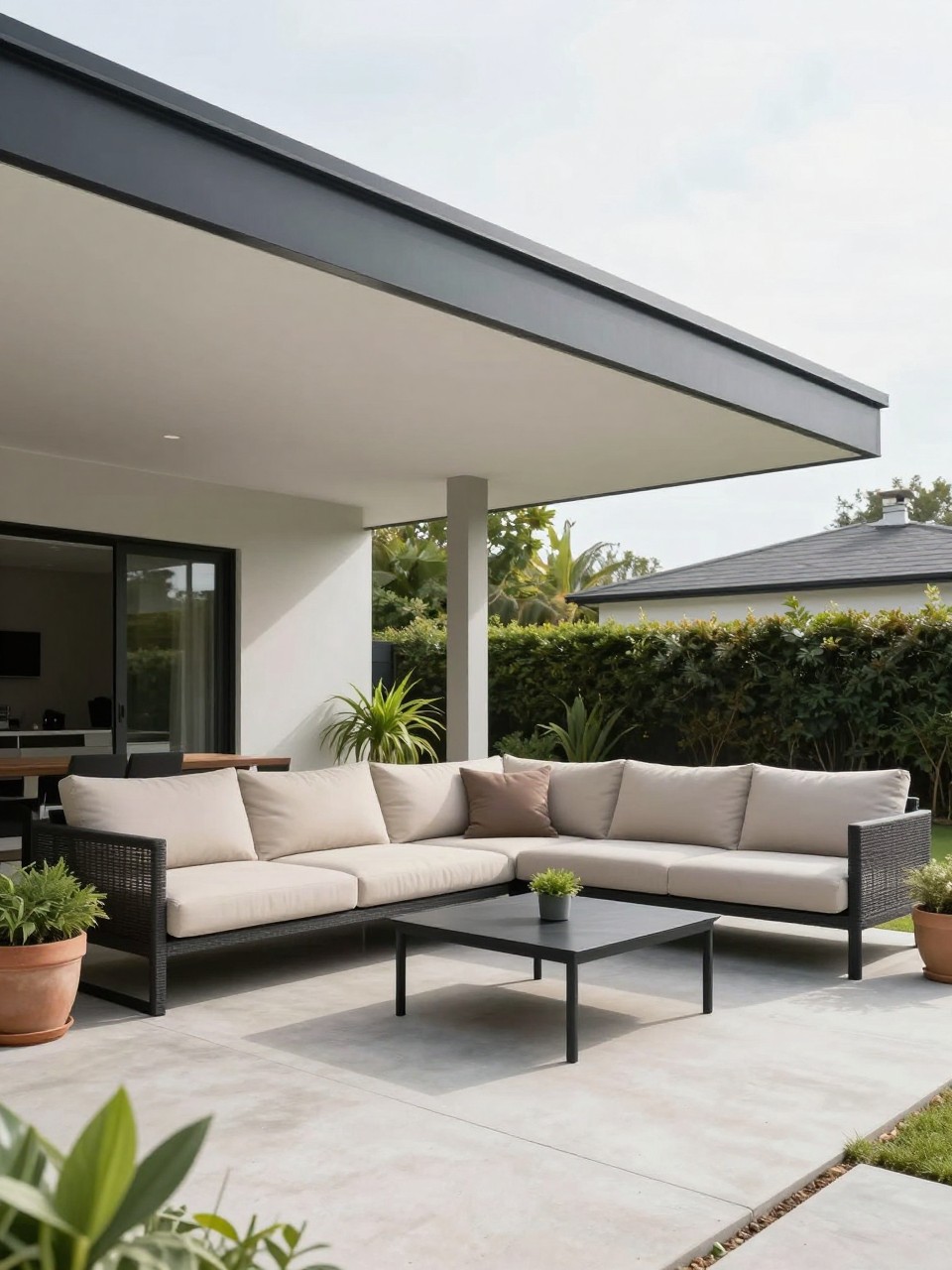 Image Prompt: A modern backyard patio with a sleek flat roof extension attached to the house, crisp white ceiling, slim square support posts, large outdoor sectional with beige cushions, concrete patio floor, black metal coffee table, potted greenery, clean architectural lines, bright natural daylight, no people, realistic DSLR photo, editorial home and garden style, high detail, no text, no watermarks on images.
