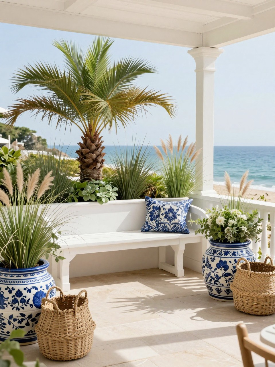 Image Prompt: A lovely coastal patio with blue and white ceramic planters filled with palms, grasses, and soft green plants, white outdoor bench, light stone floor, woven basket accents, fresh elegant coastal decor setting, no people, realistic DSLR photo, no text, (no watermarks on images)