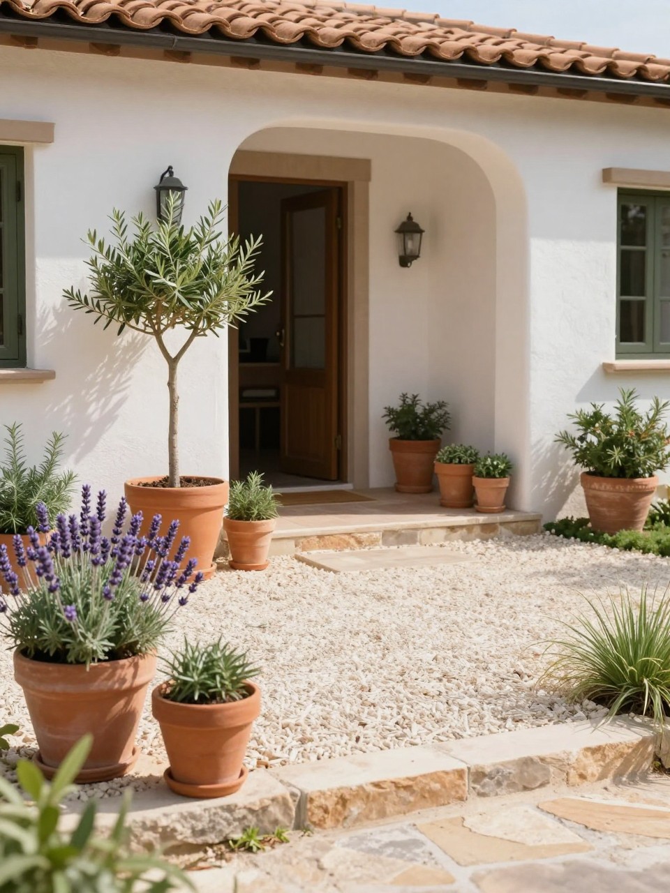 Image Prompt: A tiny Mediterranean-inspired front garden with terracotta pots, lavender, small olive tree, rosemary, pale gravel, warm stone edging, sunlit home entrance, elegant compact curb appeal design, realistic DSLR photo quality, no people, no watermarks on images.