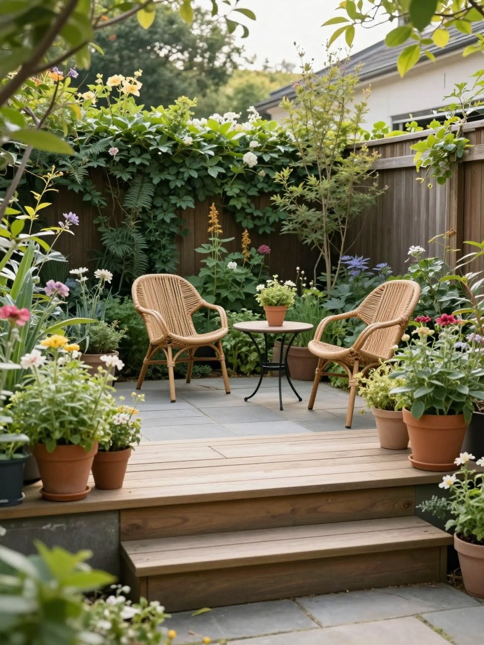 Image Prompt: A charming backyard with wooden deck steps leading down to a small flagstone garden patio, two woven chairs, small round table, lush flower beds, potted herbs, soft morning light, peaceful garden retreat, no people, realistic DSLR garden photo, no text, no watermarks on images.
